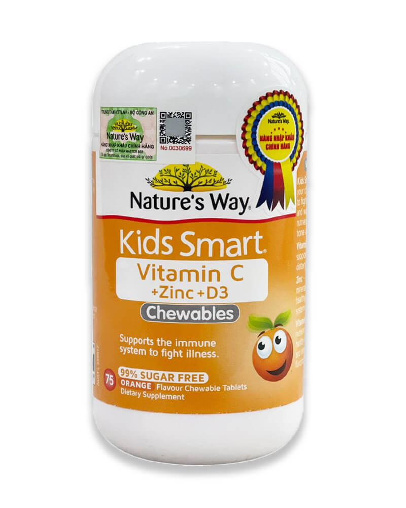 Viên Nhai Kids Smart Vitamin C + Zinc + D3 Nature's Way Hộp 75 viên | Omi Pharma