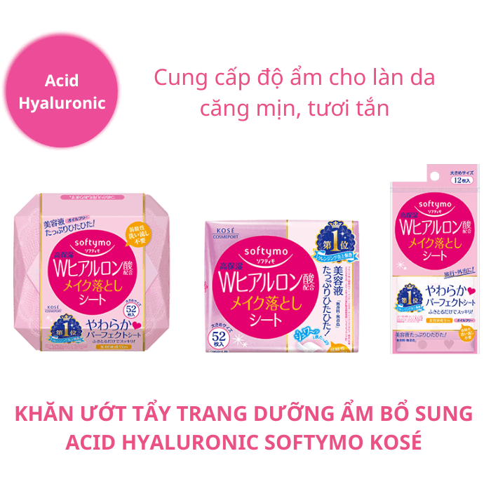Khăn ướt tẩy trang dưỡng ẩm bổ sung Acid Hyaluronic Softymo Kosé (Gói 12 miếng)